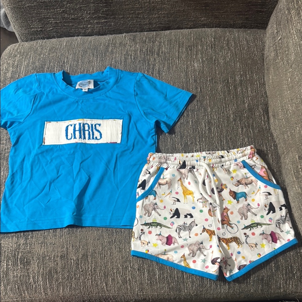 Blue Birthday Circus Smocked Set with name Chris